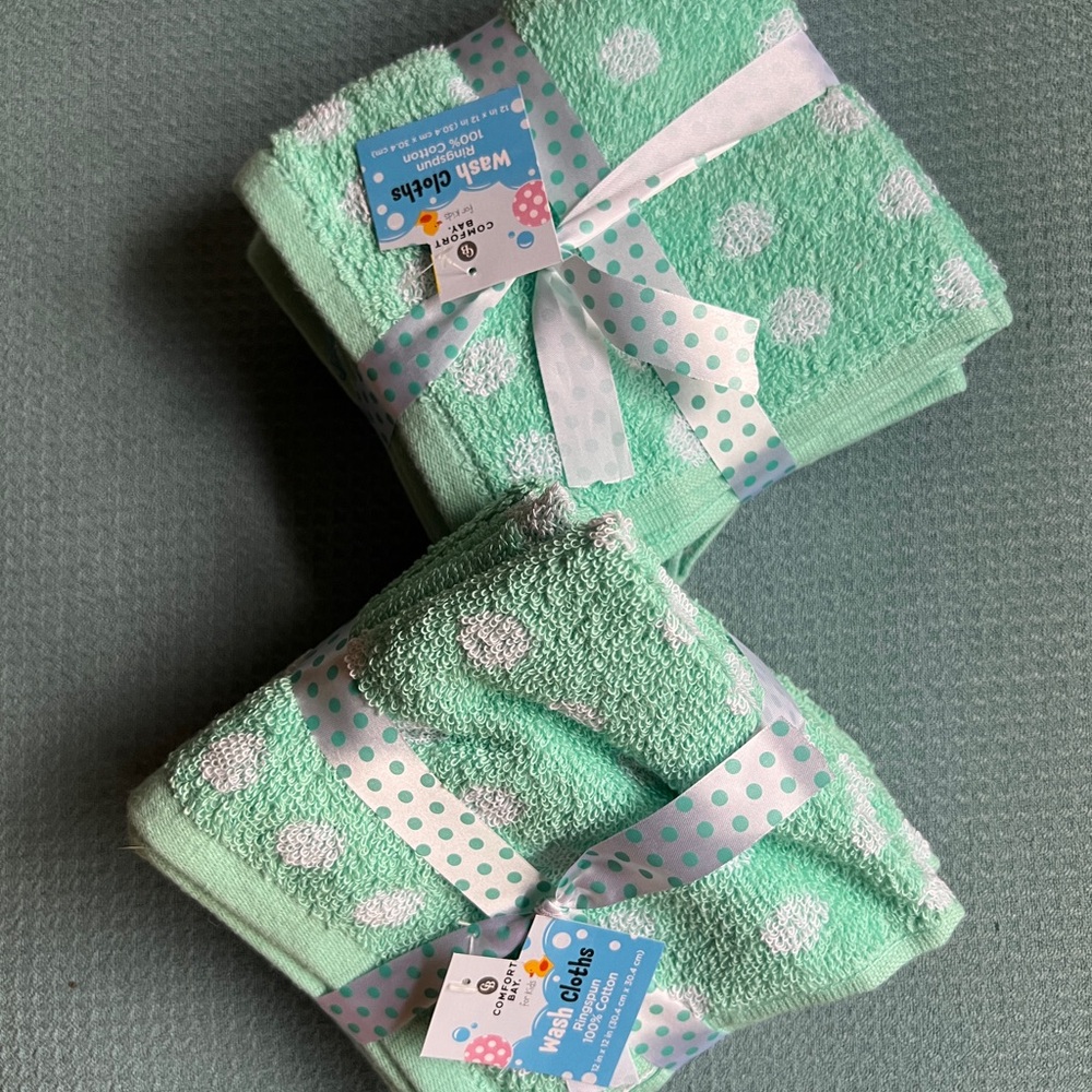 2 Sets of Mint Green Wash Cloths with white polka dots wrapped in Ribbon